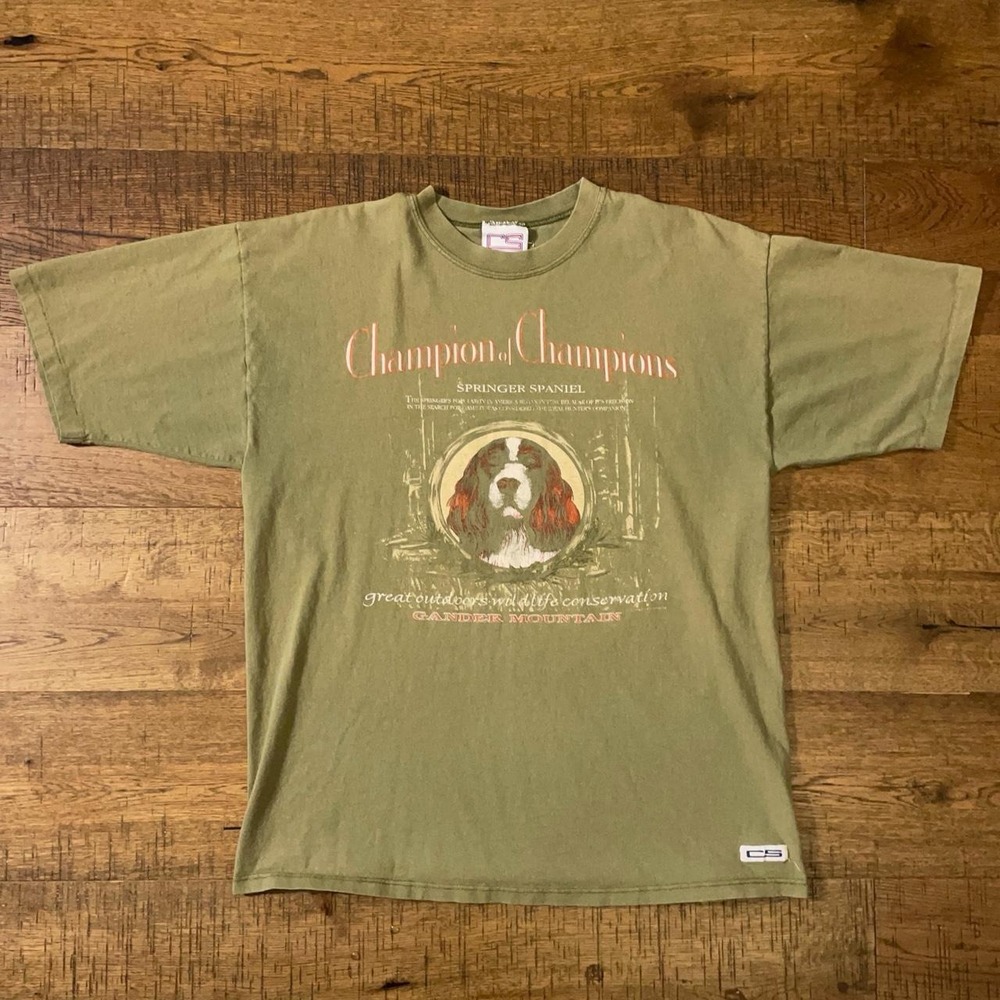 Gander Mountain T-Shirt Mens XL Green Vintage 90s Springer Spaniel Dog Graphic